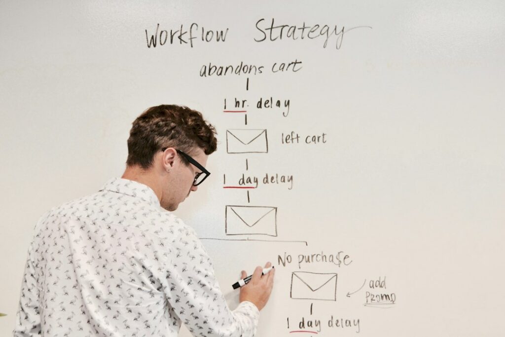 Man organizing strategic mental frameworks in a notebook