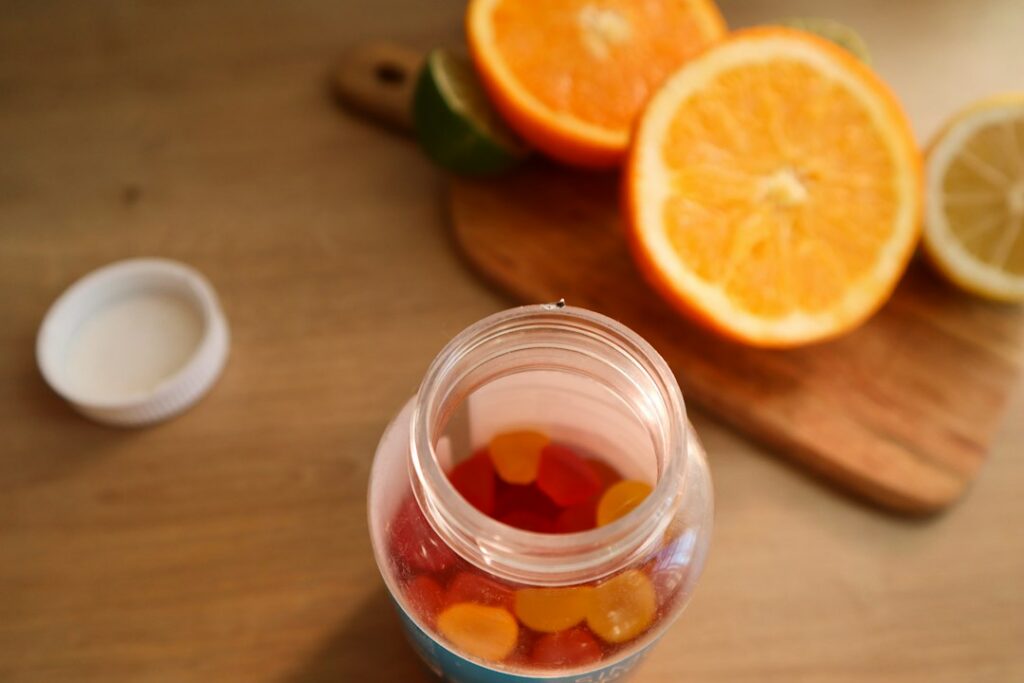 Weight management supplement beside healthy food in a kitchen