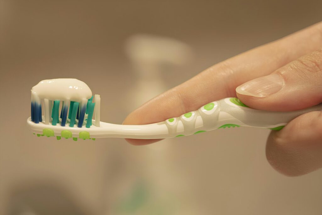 Daily oral care essentials arranged on a bathroom counter