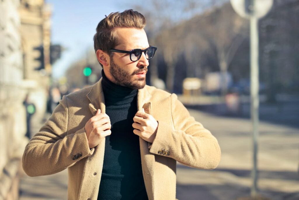 Men's overcoat and peacoat styled for cold weather