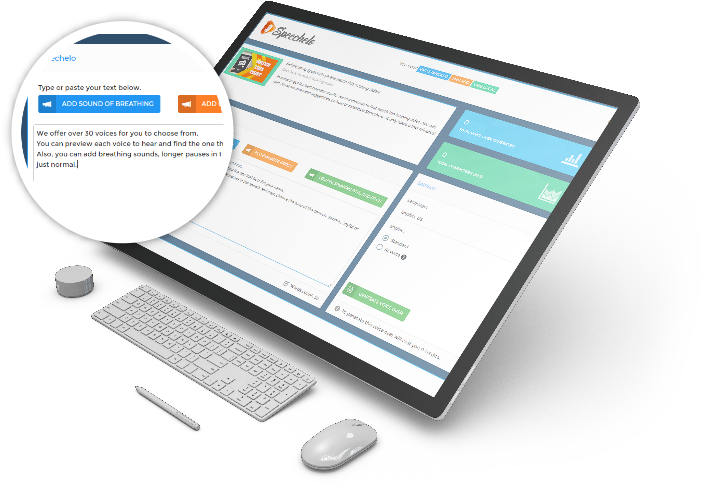 Speechelo text to speech software interface showing the text editor