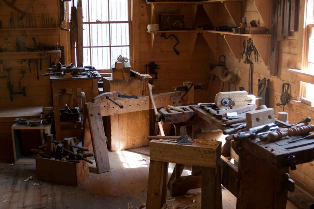Woodworking tools and plans in a workshop
