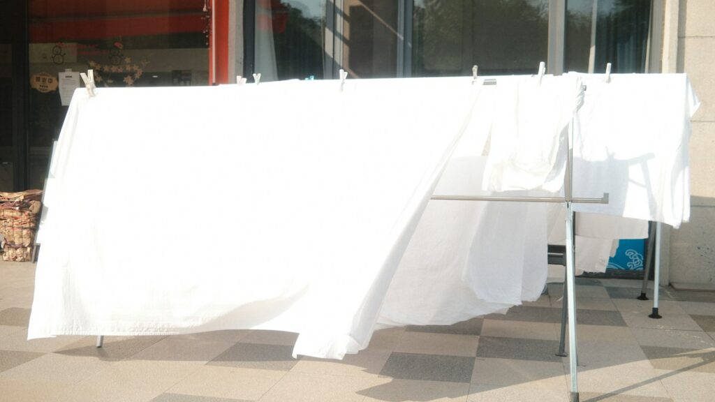 Clean clothing on an indoor drying rack