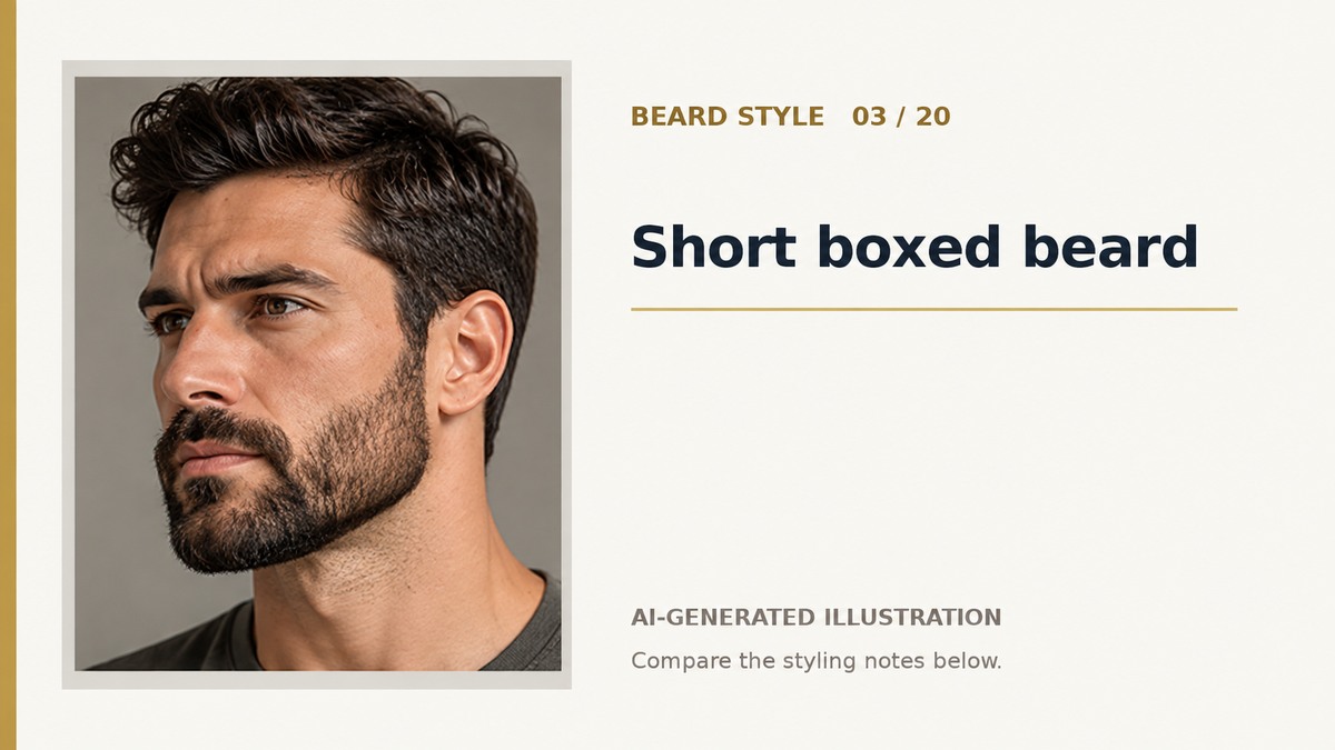 AI three-quarter illustration of a short boxed beard with connected cheeks and jaw coverage