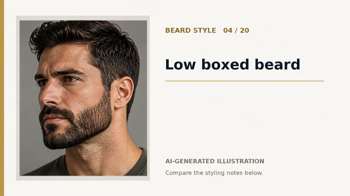 AI three-quarter illustration of a low boxed beard with a lower curved cheek boundary