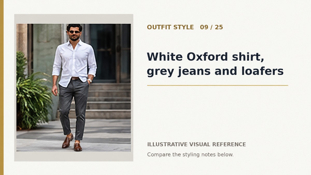 AI illustration of a white Oxford shirt, grey jeans and brown loafers