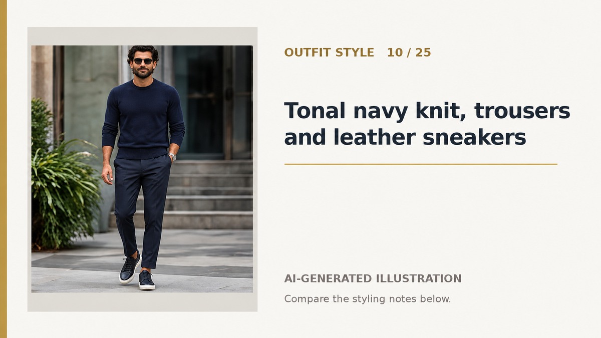 AI illustration of navy knitwear, navy trousers and dark lace-up sneakers