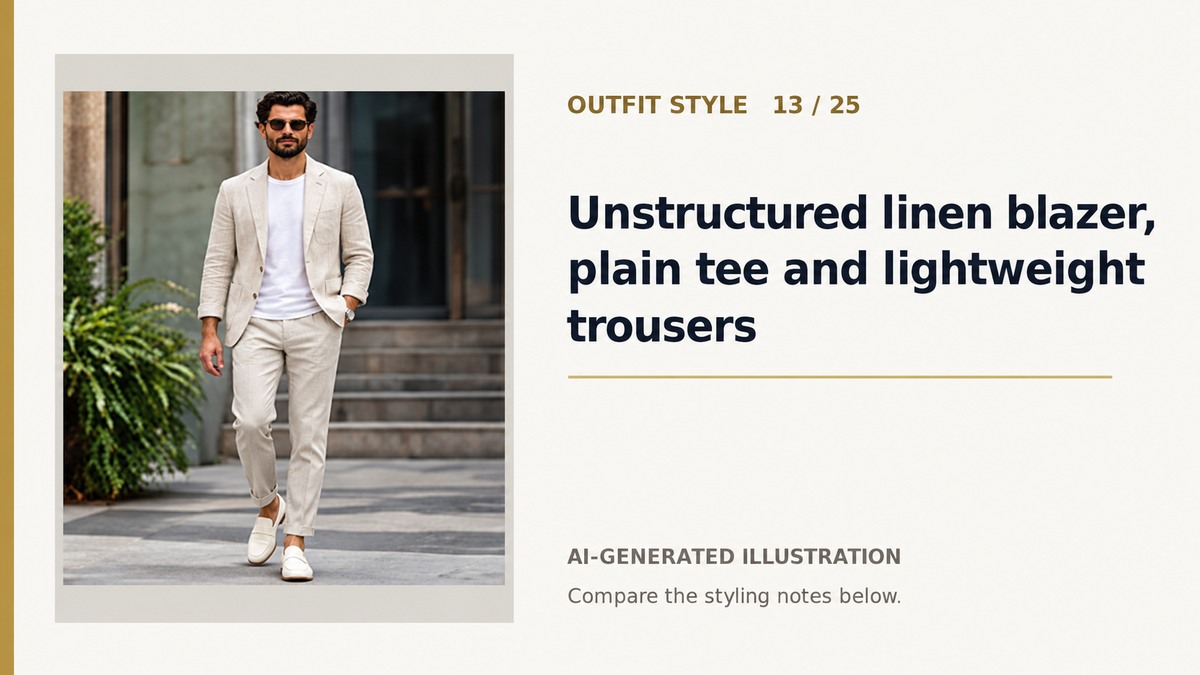 AI illustration of a light blazer over a plain white crewneck tee and light trousers