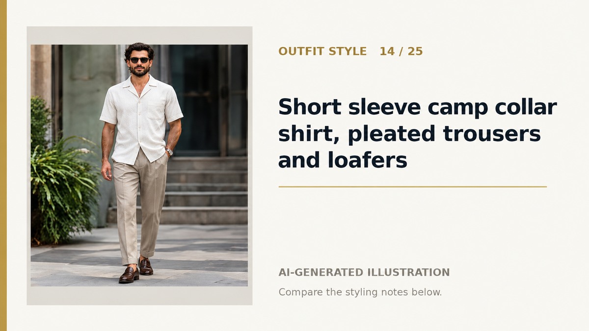 AI illustration of a short-sleeve camp-collar shirt, pleated trousers and brown loafers