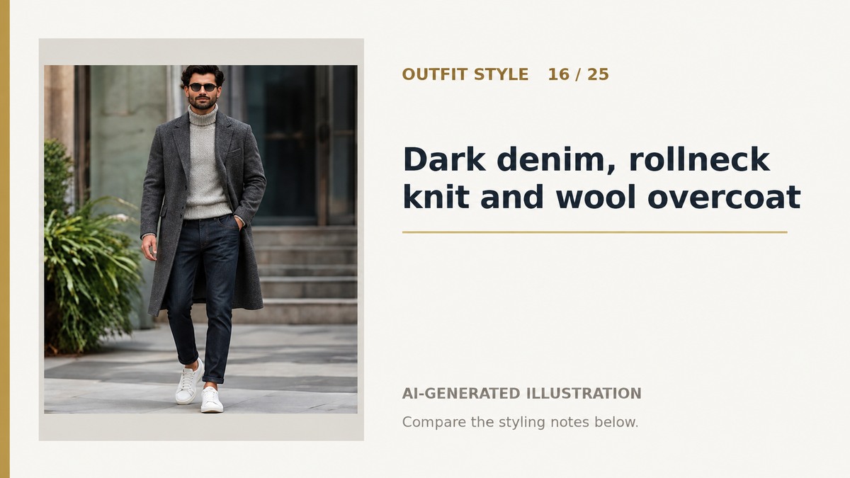 AI illustration of dark jeans, a rollneck and a long grey overcoat