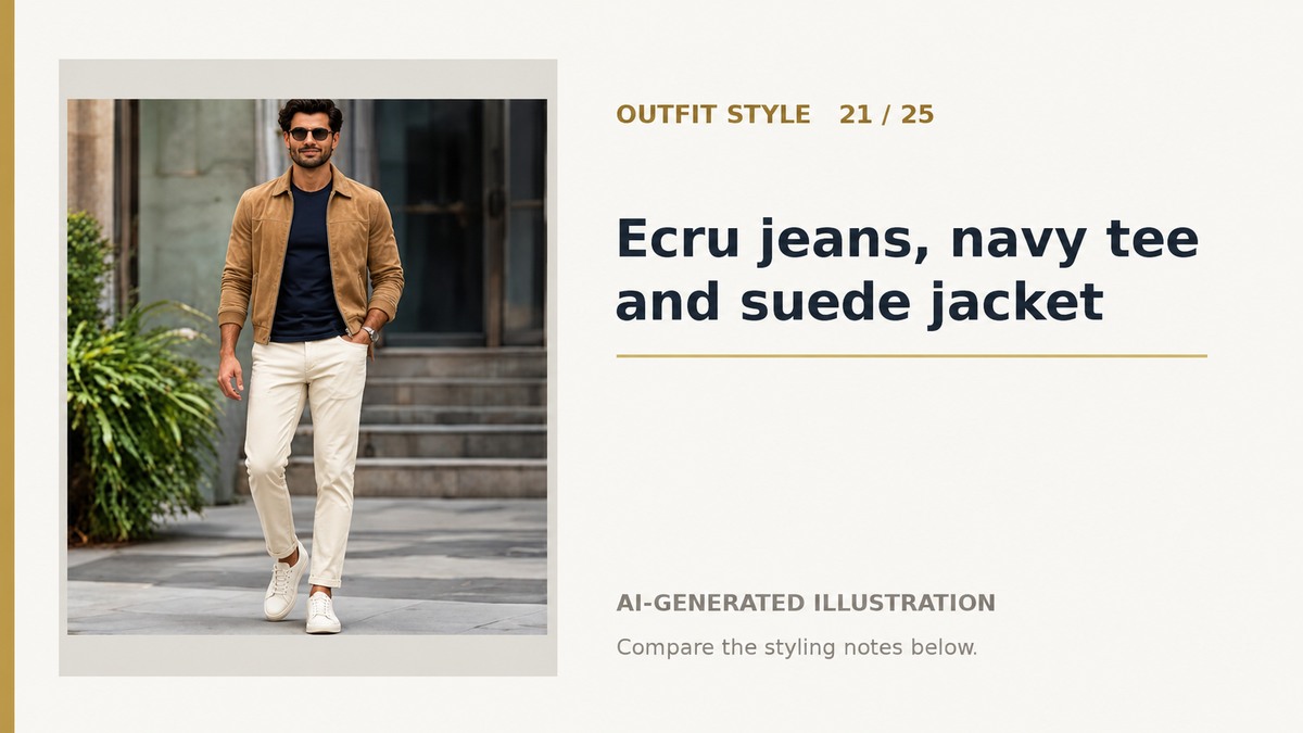 AI illustration of ecru jeans, a navy tee and a tan suede-look jacket