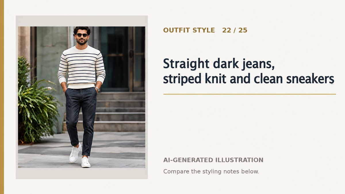 AI illustration of dark straight-leg jeans, a striped knit and white sneakers