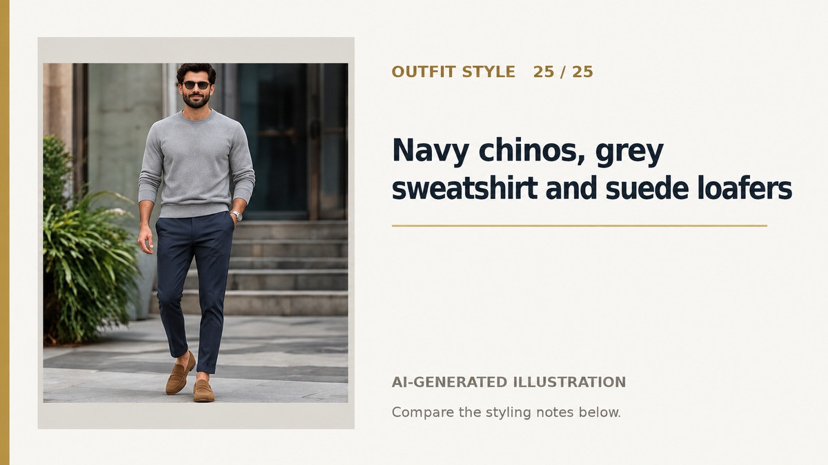 AI illustration of navy chinos, a grey sweatshirt and brown suede-look loafers