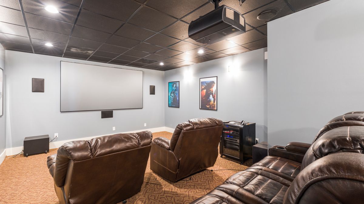 A dedicated home theater with reclining seats and dark viewing conditions