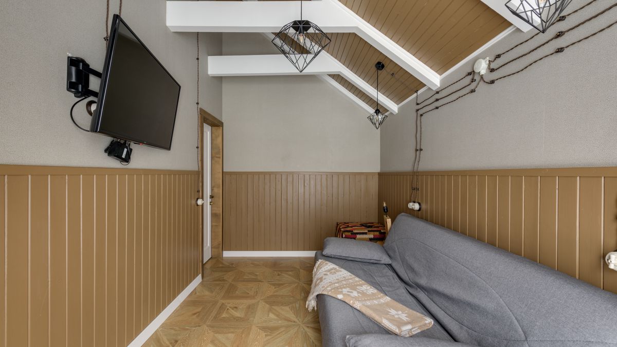 A sofa facing a wall-mounted screen in a narrow media room