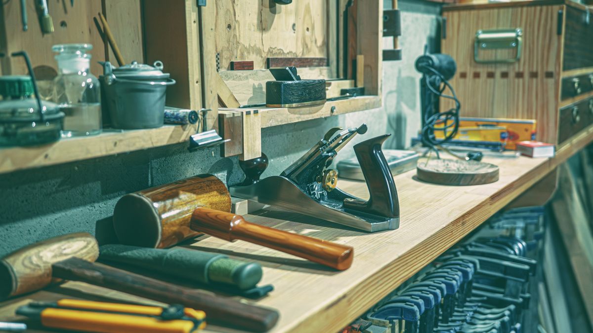A tidy woodworking bench stocked with clamps and hand tools