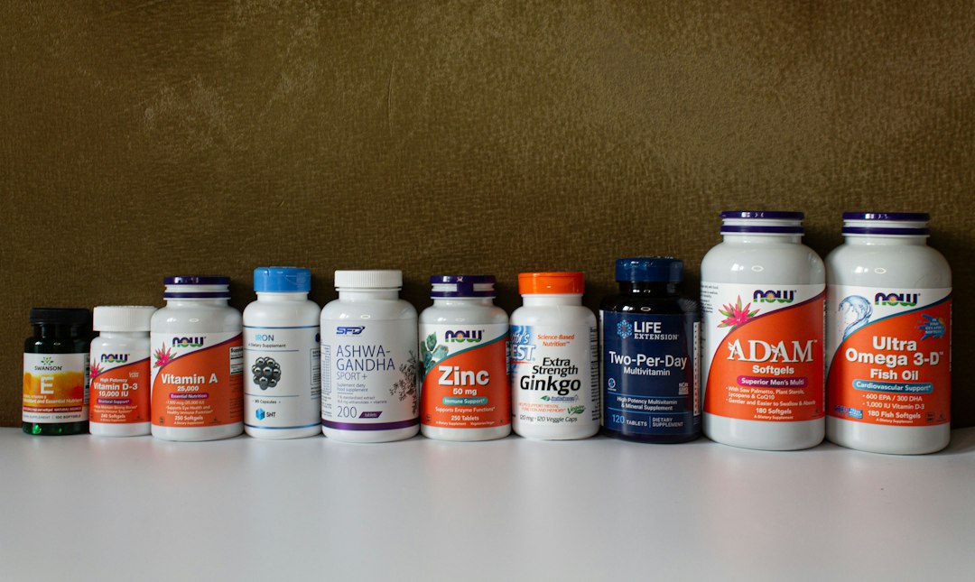 Row of dietary supplement bottles