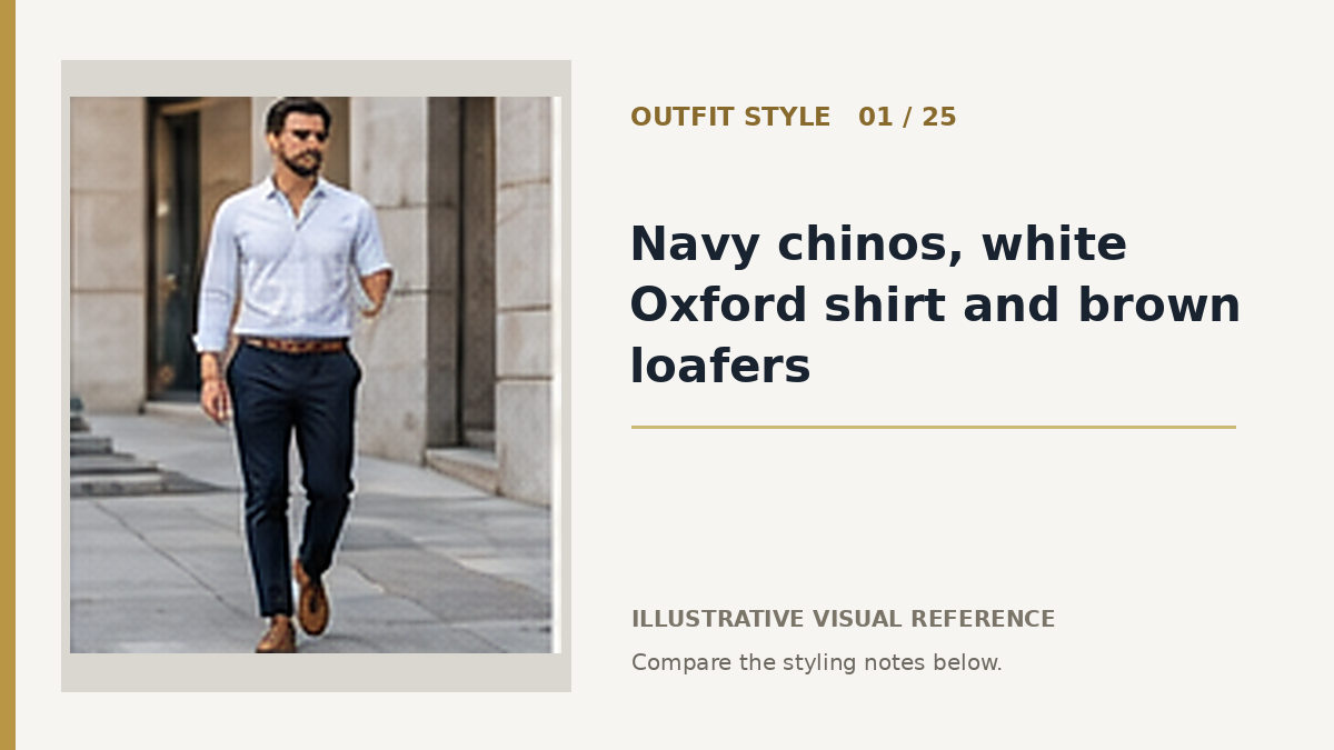 AI illustration for navy chinos, white oxford shirt and brown loafers smart casual outfit idea