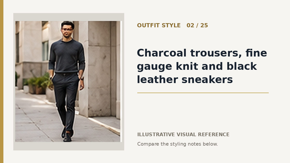 AI illustration for charcoal trousers, fine gauge knit and black leather sneakers smart casual outfit idea
