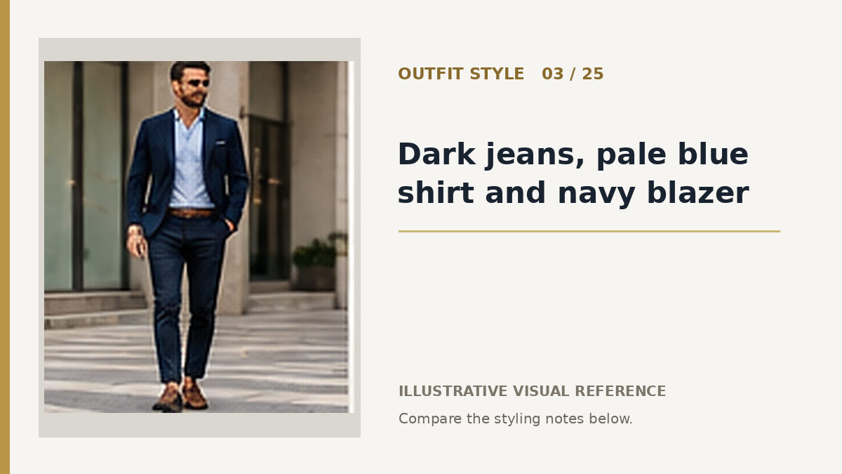 AI illustration for dark jeans, pale blue shirt and navy blazer smart casual outfit idea