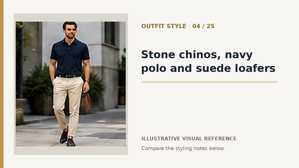 AI illustration for stone chinos, navy polo and suede loafers smart casual outfit idea