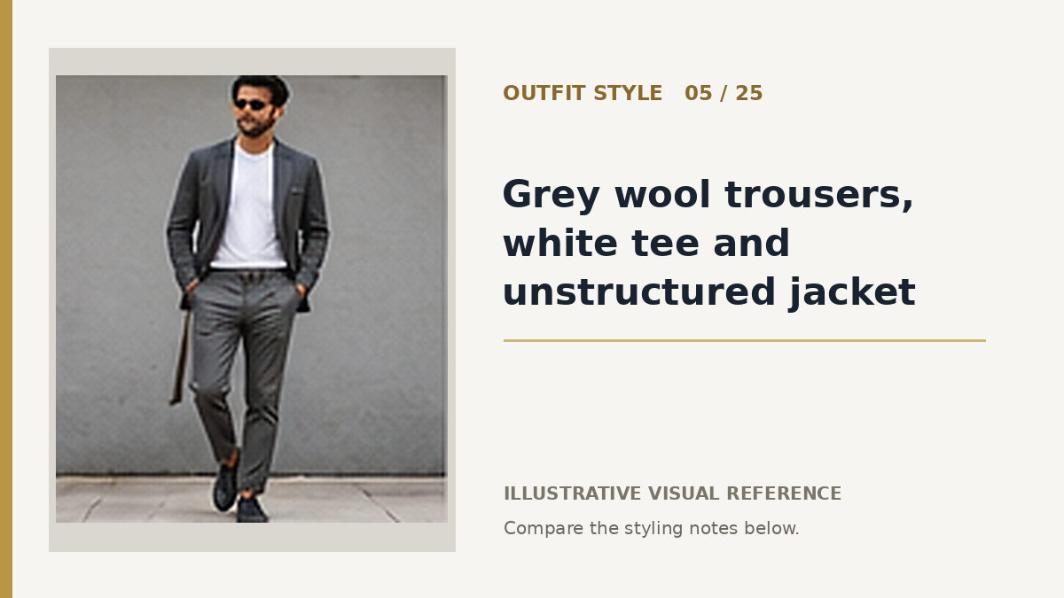 AI illustration for grey wool trousers, white tee and unstructured jacket smart casual outfit idea