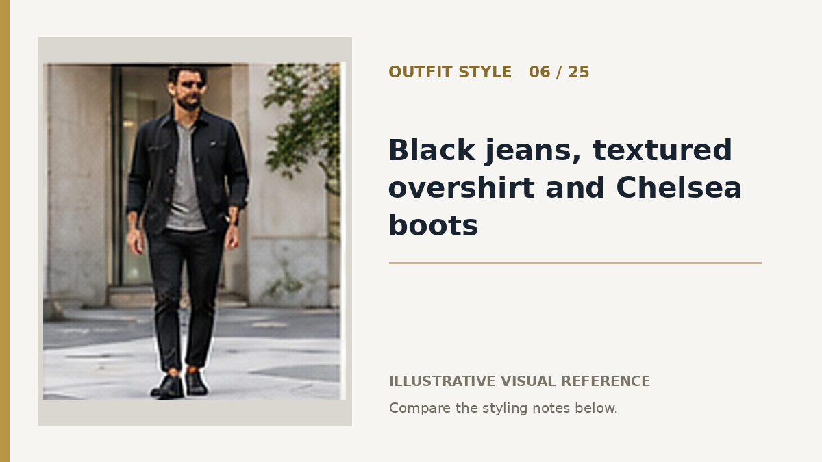 AI illustration for black jeans, textured overshirt and chelsea boots smart casual outfit idea