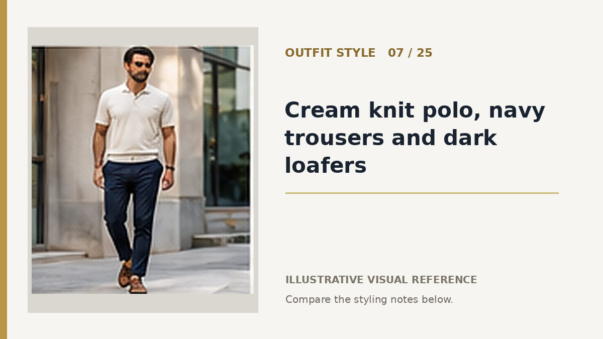 AI illustration for cream knit polo, navy trousers and dark loafers smart casual outfit idea