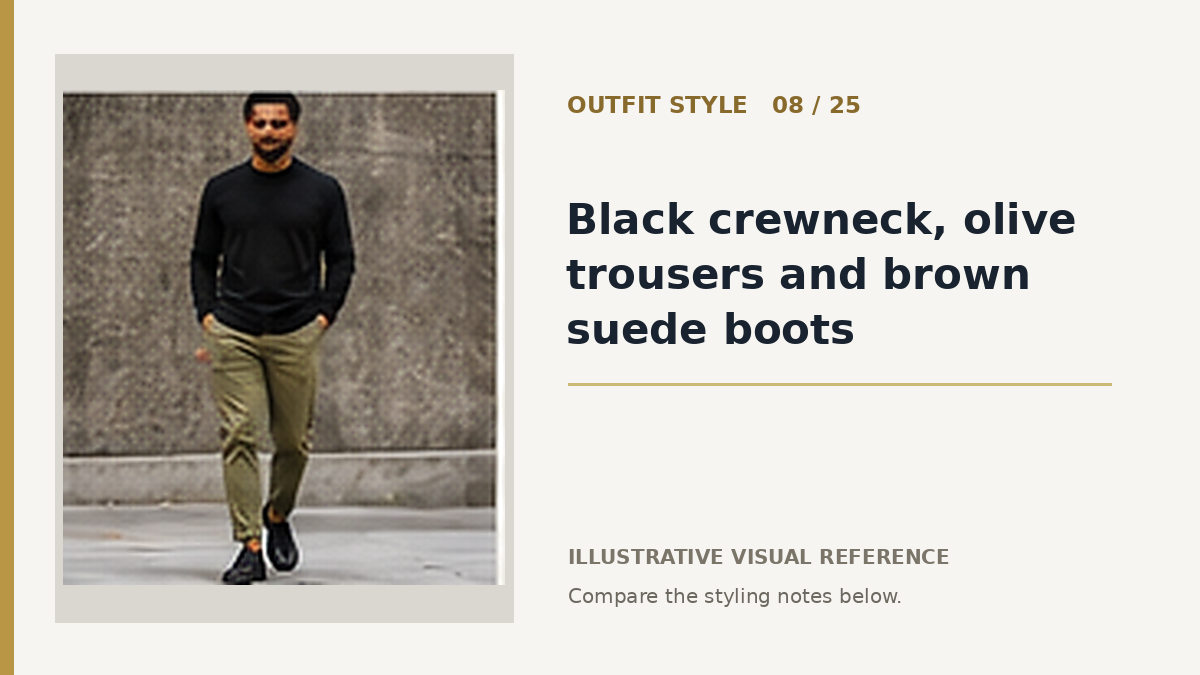 AI illustration for black crewneck, olive trousers and brown suede boots smart casual outfit idea