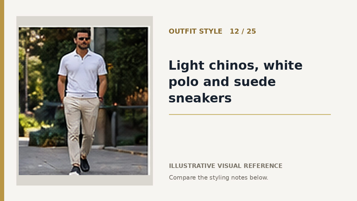 AI illustration for light chinos, white polo and suede sneakers smart casual outfit idea