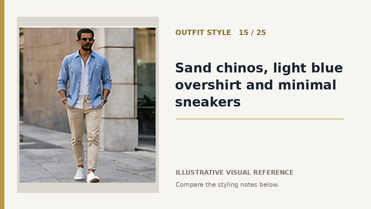AI illustration for sand chinos, light blue overshirt and minimal sneakers smart casual outfit idea