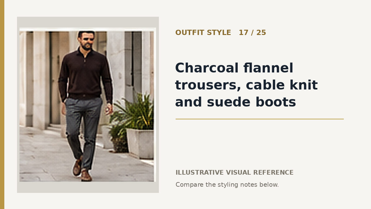 AI illustration for charcoal flannel trousers, cable knit and suede boots smart casual outfit idea
