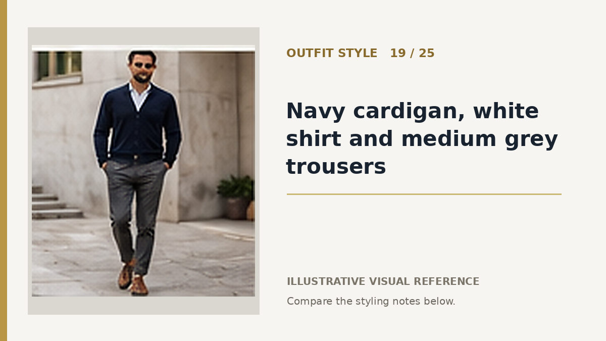 AI illustration for navy cardigan, white shirt and medium grey trousers smart casual outfit idea