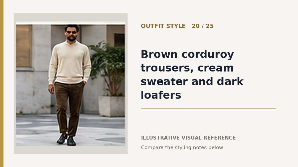 AI illustration for brown corduroy trousers, cream sweater and dark loafers smart casual outfit idea