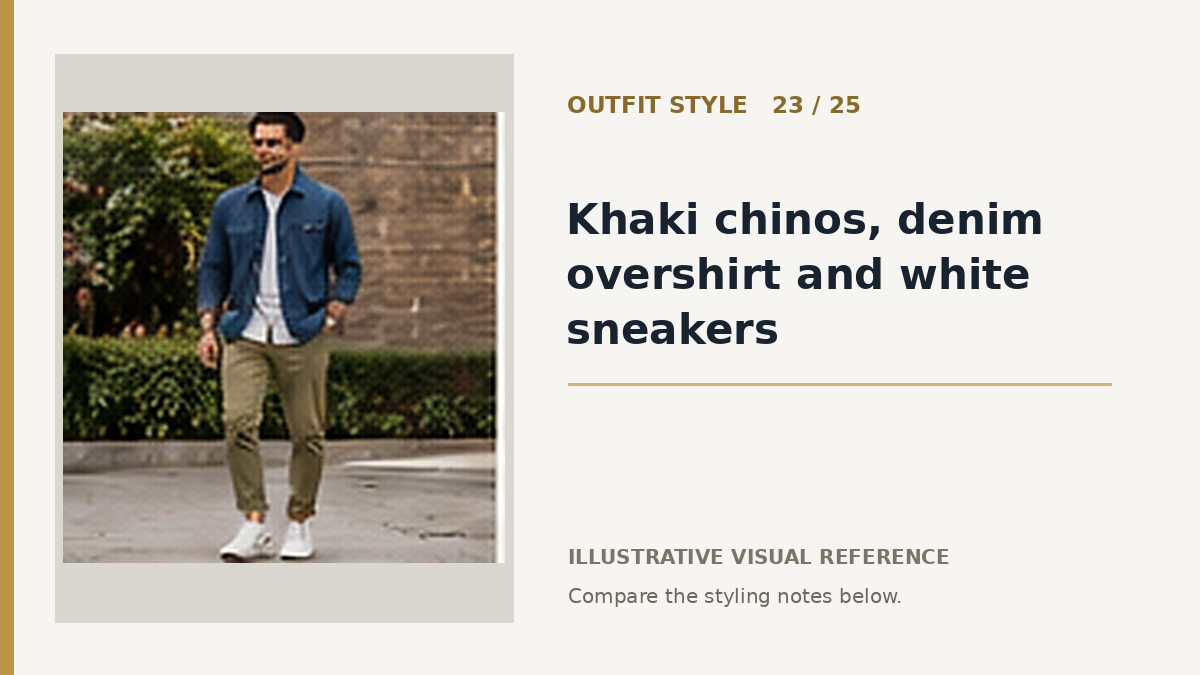 AI illustration for khaki chinos, denim overshirt and white sneakers smart casual outfit idea
