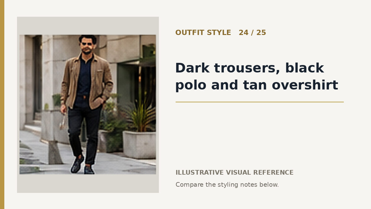 AI illustration for dark trousers, black polo and tan overshirt smart casual outfit idea